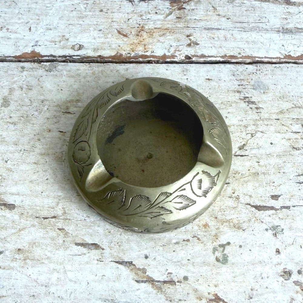 Vintage Etched Brass Ashtray Small Round Floral Boho Trinket Dish 2.5"